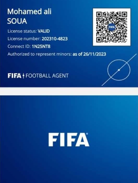 Certificat officiel d'agent FIFA — Mohamed Ali Soua, licence numéro 202310-4823, statut valide